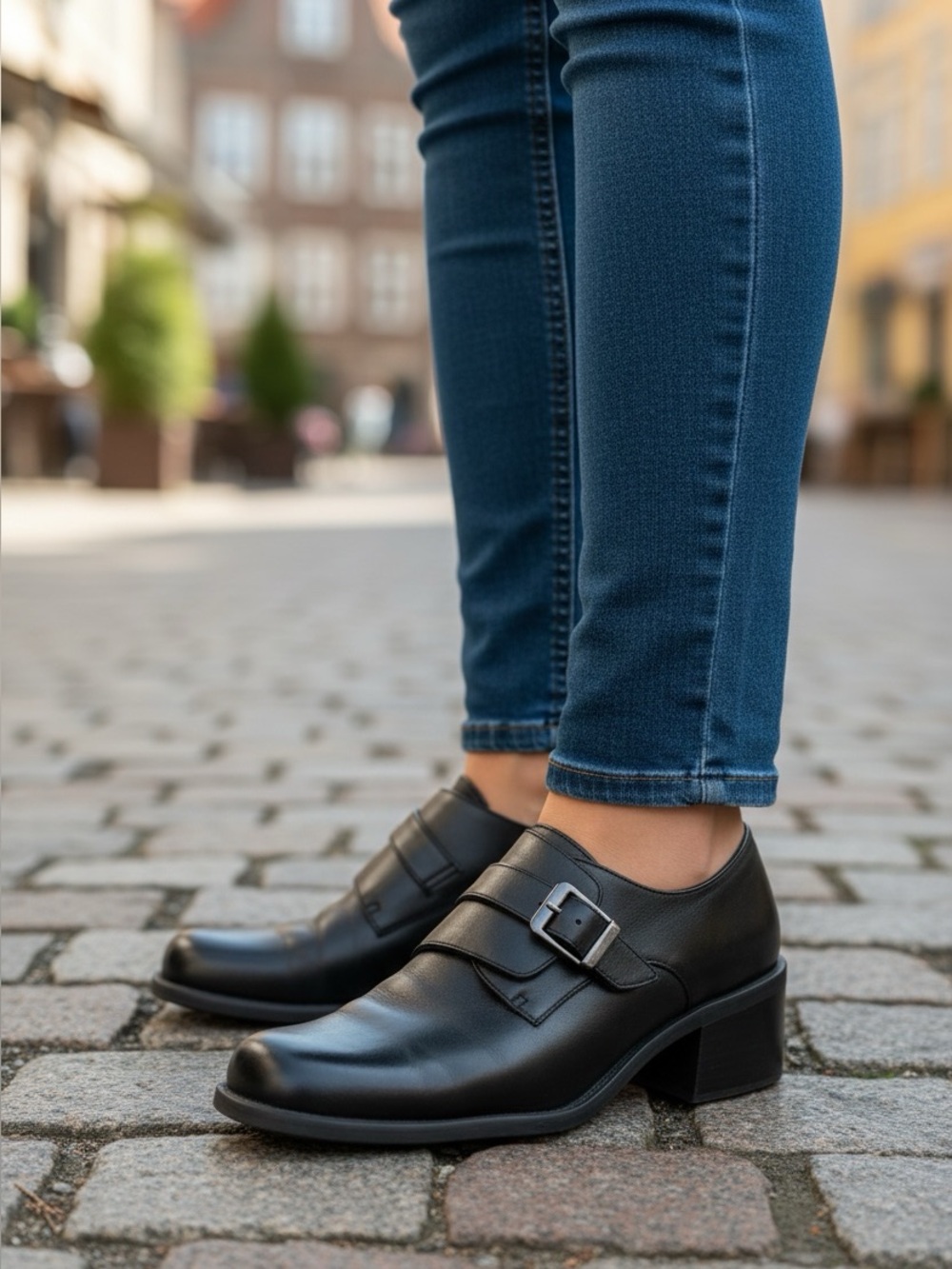 Classic Black Leather Buckle Block Heel Shoes for Women